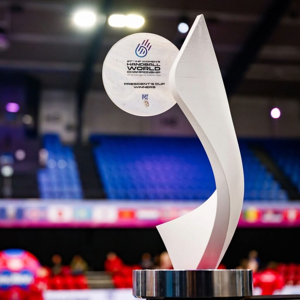 27th IHF Women's Handball World Championship – 2025 6 Trophy in stadium edited